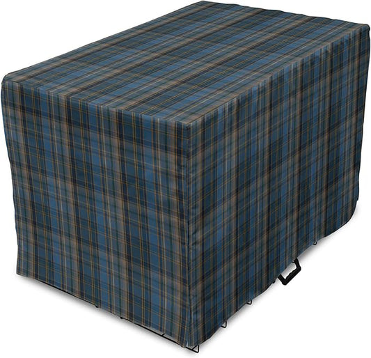 Lunarable Plaid Dog Crate Cover, Striped Geometric British Pattern Modern Design Elements in Patel Colors, Easy to Use Pet Kennel Cover for Medium Large Dogs, 36 Inch, Azure Blue and Marigold