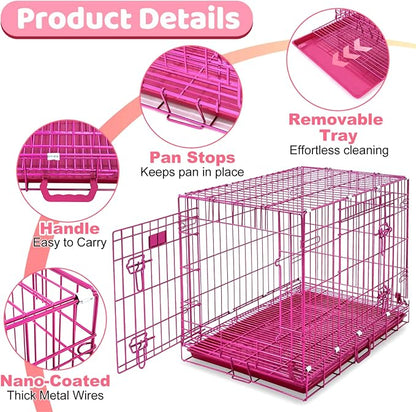 Homey Pet Large Dog Cage, Collapsible Dog Crates for Medium Dogs, Nano-Coating Metal Wire XL Big Dog Kennel Indoor with Removable Floor Grid and Tray, Double Doors, GOLD42+PINK30 Bundle