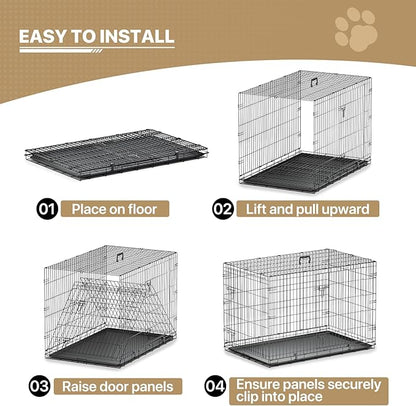 MoNiBloom 24/30/36/42/48 Dog Crates, Foldable Metal Wire Dog Cage with Double-Door, Outdoor Indoor Pet Kennels, Includes Leak-Proof Pan, Divider Panel, Black, 48"