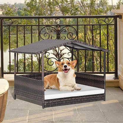 Giantex Wicker Dog House, Raised Rattan Dog Bed with Waterproof Roof, Washable Cushion Cover, Steel Frame, Indoor Outdoor Elevated Dog Bed Pet House for Small Medium Dogs Cats, Easy Assembly