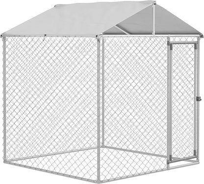 PawHut Large Dog Kennel Outside, Heavy Duty Dog Cage with Waterproof Cover, Outdoor Fence Dog Run with Galvanized Chain Link, Secure Lock, 6.6' x 6.6' x 7.8'