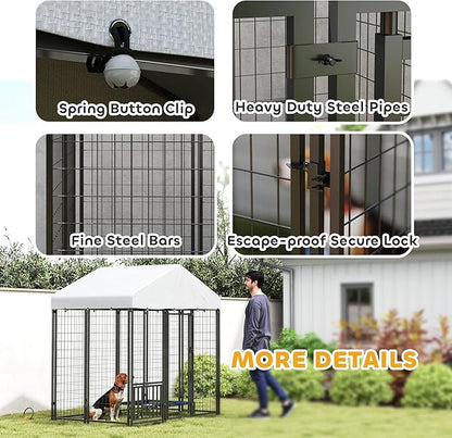 PawHut 5.9' x 4' x 6' Outdoor Dog Kennel, Welded Wire Heavy Duty Dog Run with 360° Rotating & 4 Level Adjustable Bowls, Dog Kennel Outside with Waterproof & UV Resistant Cover, for S&M Dogs