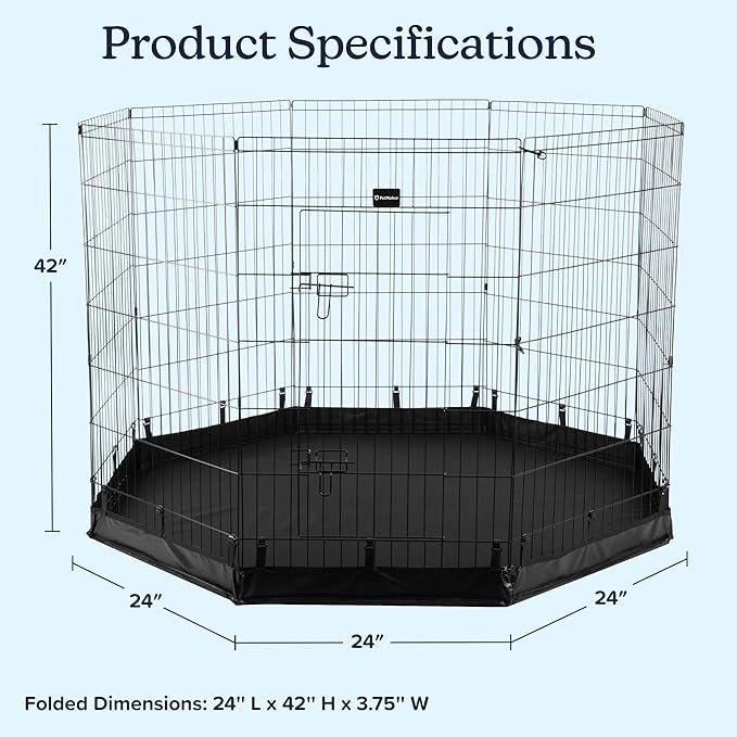 Dog Playpen - Foldable Metal Exercise Puppy Play Pen with Eight 24x42in Extra-Tall Panels and Gate - Indoor/Outdoor Dog Fence with Fabric Bottom for Dogs, Cats or Small Animals by PETMAKER (Black)