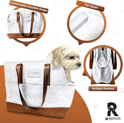Luxury Dog Purse Carrier for Small Dogs, Faux Leather Pet Carrier Purse, Secure Harness Clip, Dog Tote Bag Carrier for Small Dogs and Puppies - White