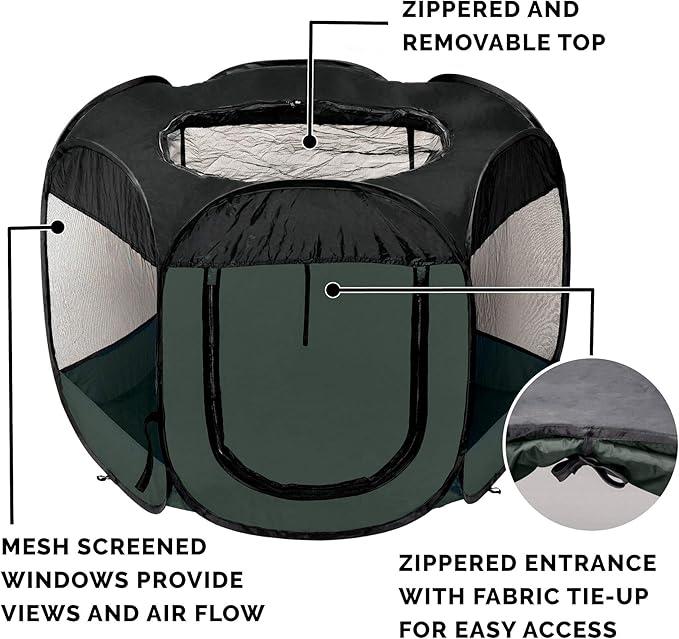 Furhaven Portable Dog Playpen Cat Tent, Pet playground/kennel foldable indoor outdoor zippered puppy crate - Hunter Green, Medium