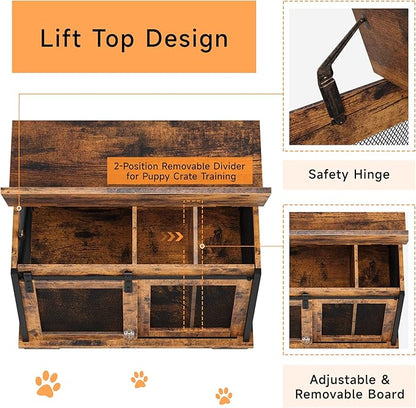 GAOMON Sliding Doors Dog Crate Furniture，Indoor Wooden Dog Crate Furniture with End Table and Flip-top Plate，Detachable Divider for Dog Kennel,Dog House, Rustic Brown