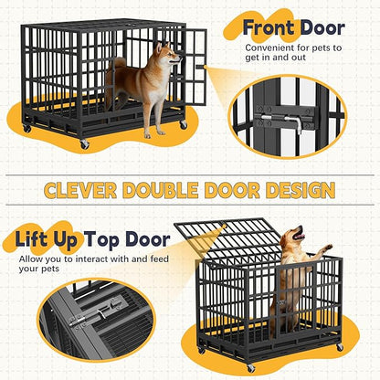 Greesum 38 INCH Heavy Duty Indestructible Dog Crate for Large Dog, Escape Proof Dog Cage Kennel, Extra Large Crate Indoor with High Anxiety Double Door, Lockable Wheels, Removable Tray