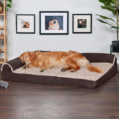 Furhaven Orthopedic Dog Bed for Large Dogs w/ Removable Bolsters & Washable Cover, For Dogs Up to 95 lbs - Two-Tone Plush Faux Fur & Suede L Shaped Chaise - Espresso, Jumbo/XL