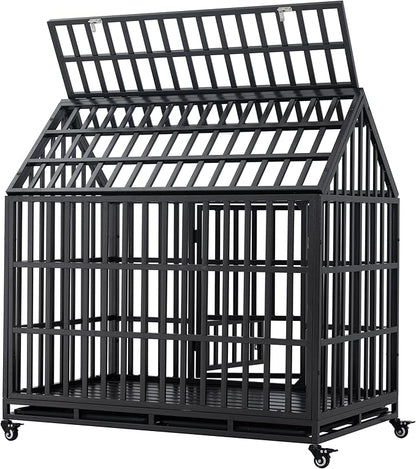 48inch Metal Heavy Duty Dog Cage with Door and Roof Doors of 2 Patent Latches,Pet Crate Doggy Kennel,w/ 2 Plastic Pans & 4 Lockable Caster Wheels,for Large or Medium Size Pets,Black
