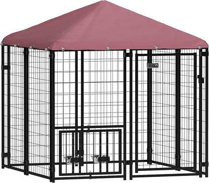 PawHut 4.6' x 4.6' x 5' Outdoor Dog Kennel, Welded Wire Heavy Duty Dog Run with 360° Rotating & 4 Level Adjustable Bowls, Dog Kennel Outside with Waterproof & UV Resistant Cover, for S&M Dogs
