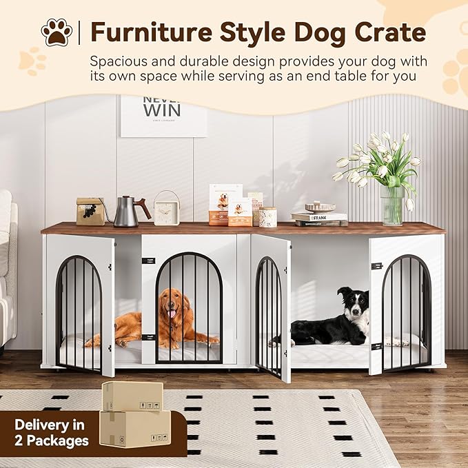 71" Large Dog Crate Furniture for 2 Dogs, Wooden Double Dog Crate with Door, Indoor Dog Kennel TV Stand with Divider and Cushion for Large Medium Dogs,White/Brown