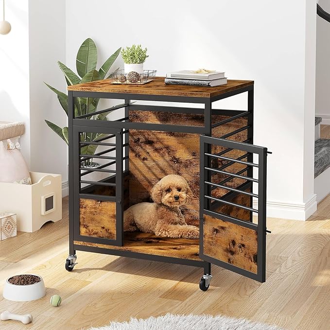 DWVO Dog Crate Furniture, 24 Inch Dog Kennel Indoor Furniture End Table for Dogs, Modern Decorative Wooden Cage with Wheels, Chew-Resistant, Rustic Brown