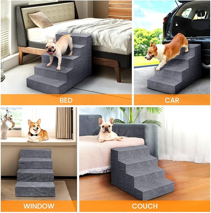 Niubya Dog Stairs for Small Dog, Dog Steps for High Beds and Couch,18”H Non-Slip Bottom Pet Stairs for Small Dogs and Cats,High-Density Foam Pet Steps Grey, 4 Steps
