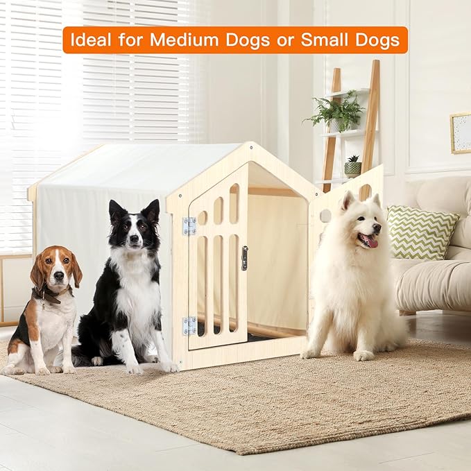 Dog House Indoor for Small Dogs & Medium Dogs 30”Lx21”Wx24”H, Wooden Board & Oxford Fabric & Felt Mat, Lockable Door, Easy Assembly, Wooden Color