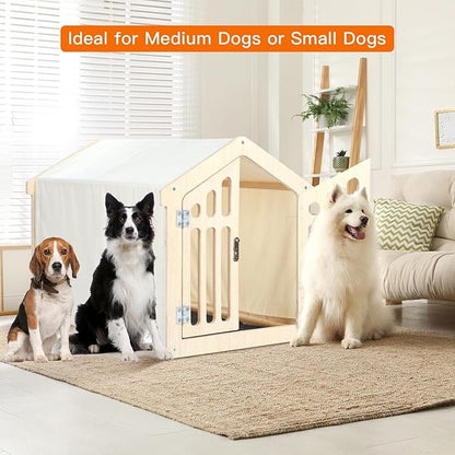 Dog House Indoor for Small Dogs & Medium Dogs 30”Lx21”Wx24”H, Wooden Board & Oxford Fabric & Felt Mat, Lockable Door, Easy Assembly, Wooden Color