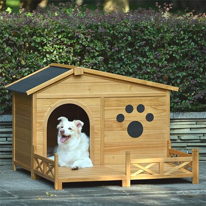 48" Wooden Dog House,Dog Kennel with Wide Porch,Water-Resistant Asphalt Roof and Fence,Indoor & Outdoor Dog Crate W/Paw Print Design,Easy Assembly & Cleaning,for Medium Dogs,Natural