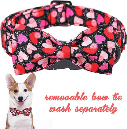 Unique Style Paws Valentine's Day Dog Collar with Bow Colorful Heart Love Dog Collars for Small Medium Large Dog New (L, Black Bow)