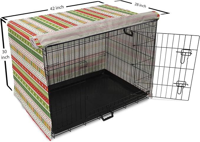 Ambesonne Christmas Dog Crate Cover, Traditional Winter Seasonal Borders Stars Bells Trees Stripes Print, Easy to Use Pet Kennel Cover for Medium Large Dogs, 42 Inch, Lime Green