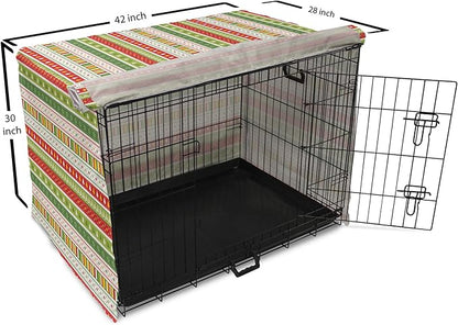 Ambesonne Christmas Dog Crate Cover, Traditional Winter Seasonal Borders Stars Bells Trees Stripes Print, Easy to Use Pet Kennel Cover for Medium Large Dogs, 42 Inch, Lime Green