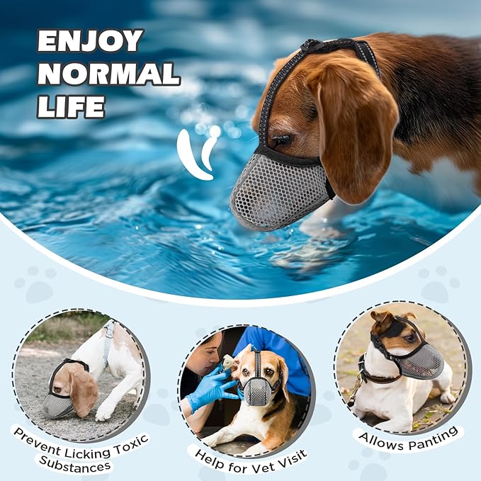 Dog Muzzle,Mesh Soft Muzzle for Small Medium Large Sized Dogs, Breathable Reflective Adjustable Puppy Muzzles with Collar for Scavenging Grooming Biting Chewing,Allows Panting and Drinking(Grey XL)