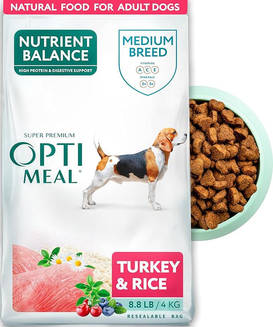 OPtimeal Dry Dog Food for Medium Dogs - Proudly Ukrainian - Dog Food Dry Recipe with High-Protein to Support Healthy Digestion for Medium Breeds (8.8 lbs, Turkey & Rice)