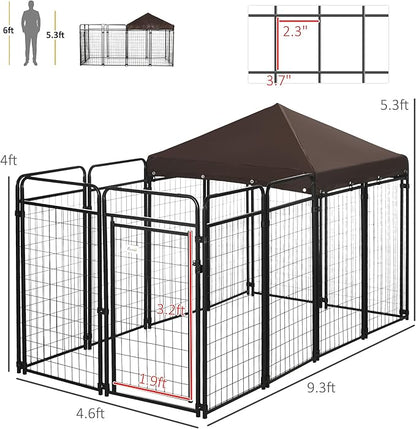 PawHut Dog Kennel Outdoor with Waterproof Canopy, Dog Run with Galvanized Chain Link, Secure Lock, for Backyard and Patio, Large and Medium Sized Dogs, 9.3' x 4.6' x 5.2'