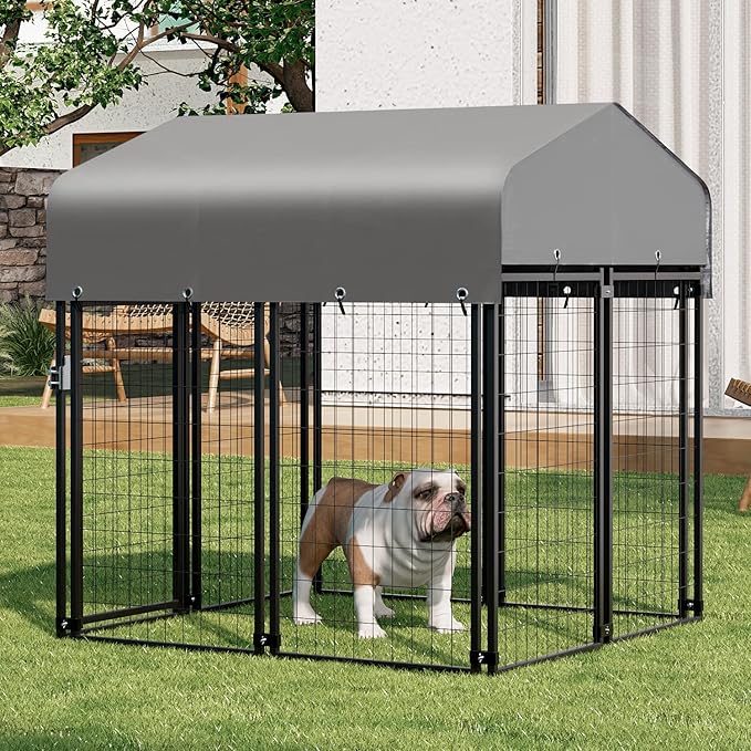 MoNiBloom Outdoor Dog Kennels for Small/Medium Dogs, Weatherproof Dog Pen Run with Cover and Rotating Feeding Door, 4.6ft High Expandable Dog Playpen for Outside Yard, 8 Panels with Powder Coating