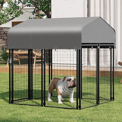 MoNiBloom Outdoor Dog Kennels for Small/Medium Dogs, Weatherproof Dog Pen Run with Cover and Rotating Feeding Door, 4.6ft High Expandable Dog Playpen for Outside Yard, 8 Panels with Powder Coating