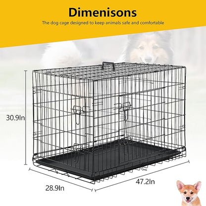 Furniture of America Yucca Metal Double Door Folding Wire Pet Crate with Divider, Removable Tray, and Handle for Outdoor and Indoor Medium Dog, 48-inch, Black