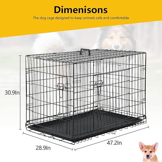 24/7 Shop at Home Gossamer Metal Double Door Folding Wire Pet Crate with Divider, Removable Tray, and Handle for Outdoor and Indoor Medium Dog, 48-inch, Black