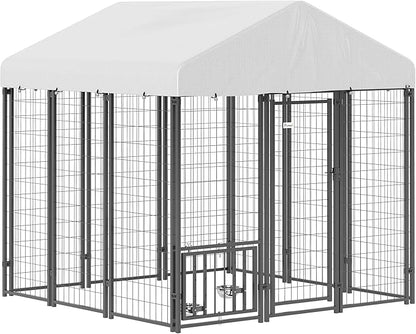 PawHut 5.9' x 5.9' x 6' Outdoor Dog Kennel, Welded Wire Heavy Duty Dog Run with 360° Rotating & 4 Level Adjustable Bowls, Dog Kennel Outside with Waterproof & UV Resistant Cover, for Large Dogs