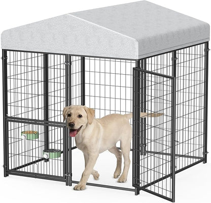 Mr IRONSTONE Large Dog Kennel Outdoor with Water-Resistant Roof Heavy Duty Outside Dog Kennel Pet Pens Dogs Run Enclosure with Rotating Feeder and Secure Lock (4'L x 4'W x 4.4'H)