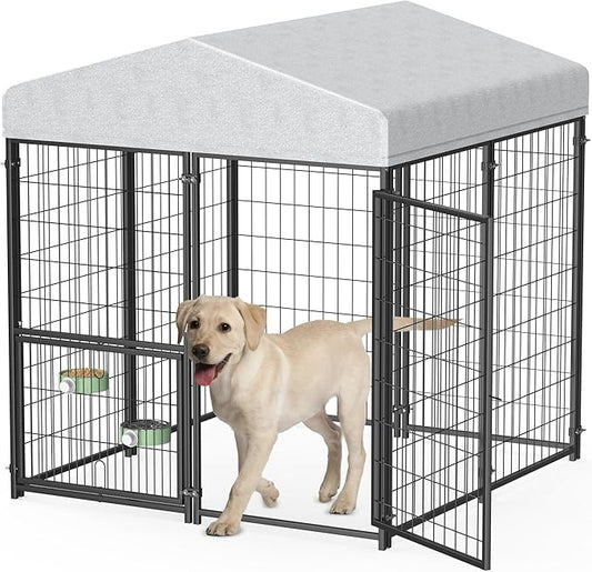 Mr IRONSTONE Large Dog Kennel Outdoor with Water-Resistant Roof Heavy Duty Outside Dog Kennel Pet Pens Dogs Run Enclosure with Rotating Feeder and Secure Lock (4'L x 4'W x 4.4'H)