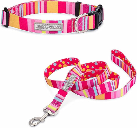 Lucky Love Dog, Colorful Stripes Dog Collar and Leash Set, Yellow, Pink, Blue Color Dog Collar and Leash, Cute Dog Combo Set for Female Dogs - (Medium, Molly Combo)