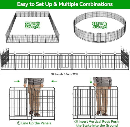 Dog Playpen Outdoor 32 Panels Heavy Duty Dog Fence 40" Height with Thick Pipe Anti-Rust with Doors Portable for RV Camping Yard, Total 72FT, 412 Sq.ft, Snowy Black