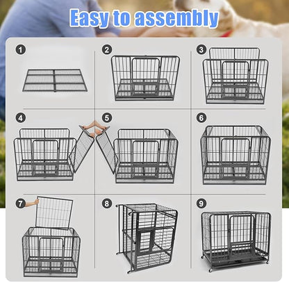 43/29/37 Inch Dog Crate, Heavy Duty Metal Dog Kennel, Indestructible Dog Crate, Escape Proof Dog Cage with Lockable Wheels,Indoor for Large Breed, Double Door Big Dog Cage with Removable Tray