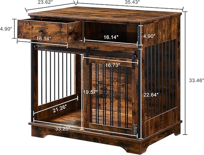 Dog Crate Furniture, Dog House Indoor with Sliding Barn Door, 35" Wood Dog Crate Heavy Duty Dog Kennels Decorative Dog Crate for Small/Medium/Large Dog Brown