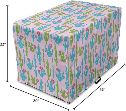Lunarable Succulent Dog Crate Cover, Pastel Cactus Plants Flowering Desert Botany Foliage in, Easy to Use Pet Kennel Cover for Medium Large Dogs, 48 Inch, Pale Pink Sky Blue Green
