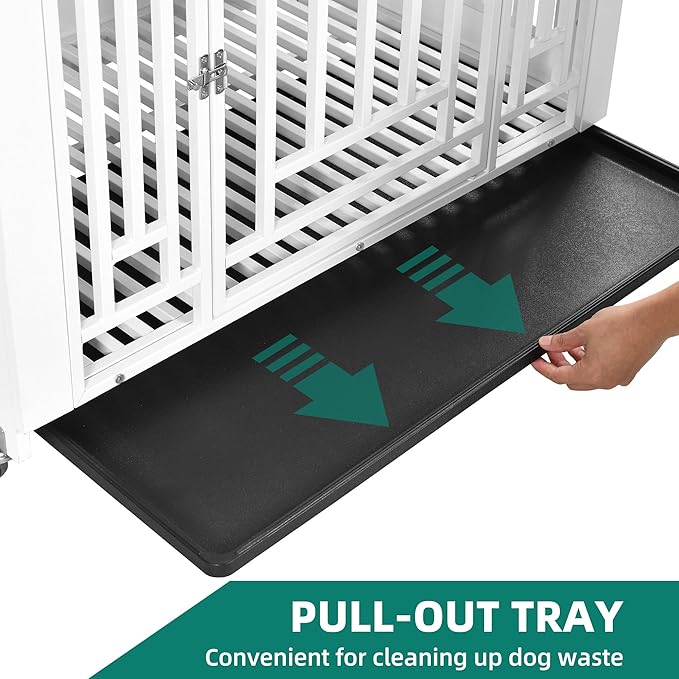 YITAHOME Dog Crate Furniture, 38.2" Heavy Duty Dog Cage, Wooden Side End Table with Wheels, Chew-Resistant Metal Dog Kennel with Removable Tray, Dog House Indoor for Small Medium Dogs, White