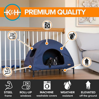 K&H Pet Products Pet Cot House for Medium Dogs, Outdoor Elevated Dog Cot House, Enclosed Canopy, Window Flaps for Air Flow, Washable Cover, Raised Metal Frame, Collapsible - Medium 32 X 25in Blue