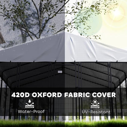 PawHut 9.8' x 9.8' x 6.8' Outdoor Dog Kennel, Welded Wire Heavy Duty Dog Run with 360° Rotating & 4 Level Adjustable Bowls, Dog Kennel Outside with Waterproof & UV Resistant Cover, for S&M&L Dogs