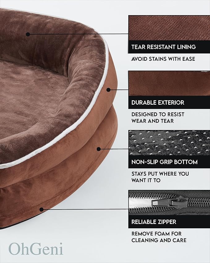 OhGeni Orthopedic Dog Bed for Extra Large Dogs, Dog Couch Design with Egg Foam Support, Removable, Machine Washable Plush Cover and Non-Slip Bottom with Four Sided Bolster Cushion (Brown)
