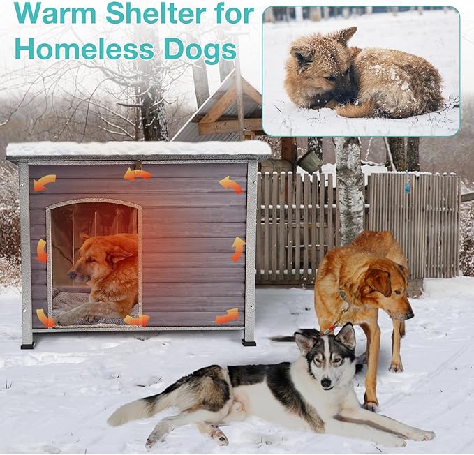 Feral Dog House Outdoor,Anti Bite Iron Frame Dog Kennel,Wood Warm Pets Home,Insulated Weatherproof Outside Shelter for Feral Animal (43.3" (L) x 29.4" (W) x 33.4" (H)-Grey-in)