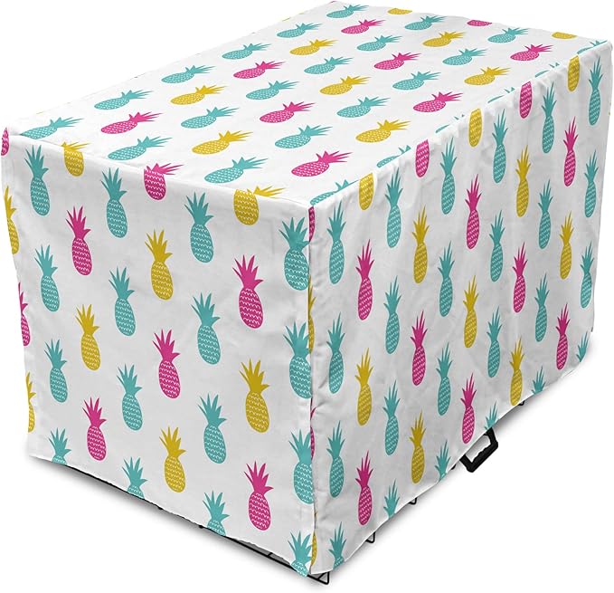 Lunarable Yellow Pineapple Dog Crate Cover, Rhythmic Ananas Fruits in Colorful Design Summer Tropical Concept, Easy to Use Pet Kennel Cover for Small Dogs Puppies Kittens, 22 Inch, Turquoise Hot Pink