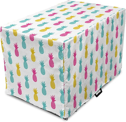 Lunarable Yellow Pineapple Dog Crate Cover, Rhythmic Ananas Fruits in Colorful Design Summer Tropical Concept, Easy to Use Pet Kennel Cover for Medium Large Dogs, 48 Inch, Turquoise Hot Pink