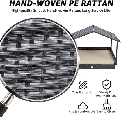 NATURAL EXPRESSIONS 2-in-1 Wicker Dog House,Elevated Dog Bed for Indoor/Outdoor with Removable Canopy,Large Dog House with Raised Pet Cot Cool, Breathable, Shade, waterrproof with Non-Slip Feet