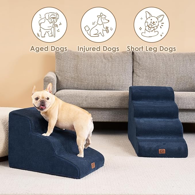 EHEYCIGA Curved Dog Stairs Ramp for Small Dogs 15.7" H, 3-Step Dog Steps for Couch Sofa and Chair, Pet Stairs for Cats, Non-Slip Balanced Pet Steps Indoor, Navy