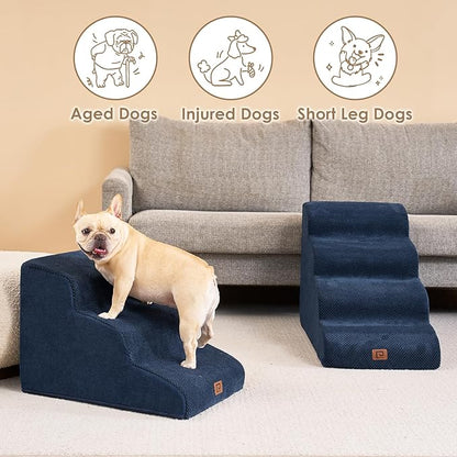 EHEYCIGA Curved Dog Stairs Ramp for Small Dogs 15.7" H, 3-Step Dog Steps for Couch Sofa and Chair, Pet Stairs for Cats, Non-Slip Balanced Pet Steps Indoor, Navy