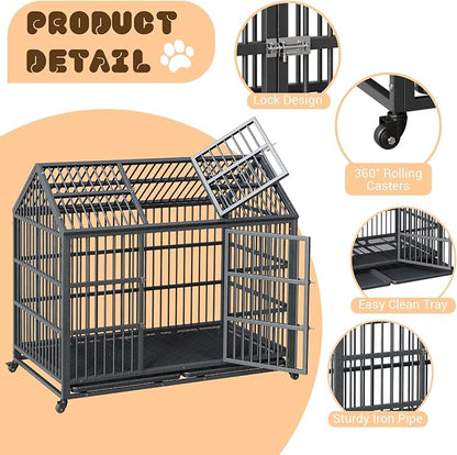 Heavy Duty Dog Crate, 52 Inch Dog Crate with Double Door, 360° Lockable Wheels and Removable Tray, Easy to Assembly，Indoor Dog Cage for Small Medium Large Dogs