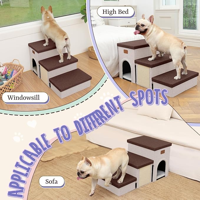 downluxe Dog Stairs for Small Dogs, Foldable Dog Steps for Bed, Sofa and Chair, Non-Slip Pet Steps with Cat Scratcher and Condo (3-Step Pet Stairs, Brown-Beige)